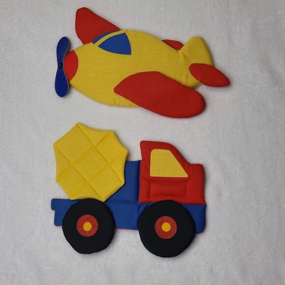 Vintage 1985 Wooltex Mimi Miller Plush Nursery Wall Art Airplane Dump Truck - Picture 2 of 10